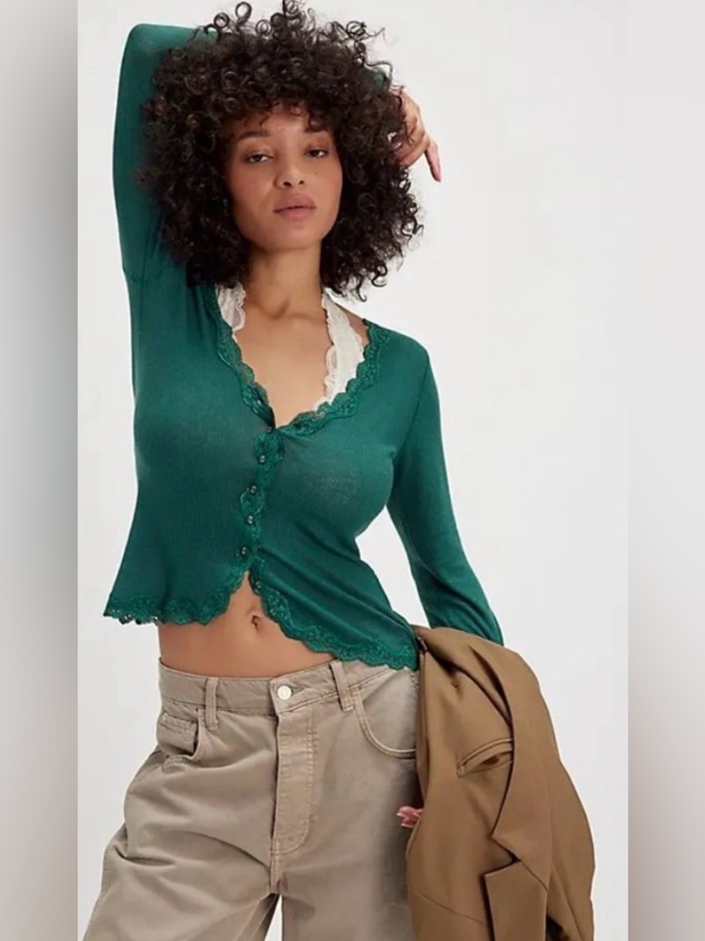 NWT. Free People Big Love Ribbed Cardi. Size M. Color Uncut Emerald